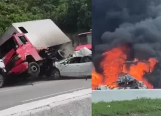 Acidente com 12 veículos deixa feridos e causa incêndio na BR-408